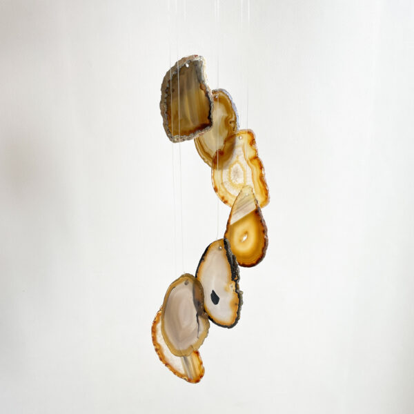 A string of sliced agate stones with varying shades of brown and tan, suspended against a white background.