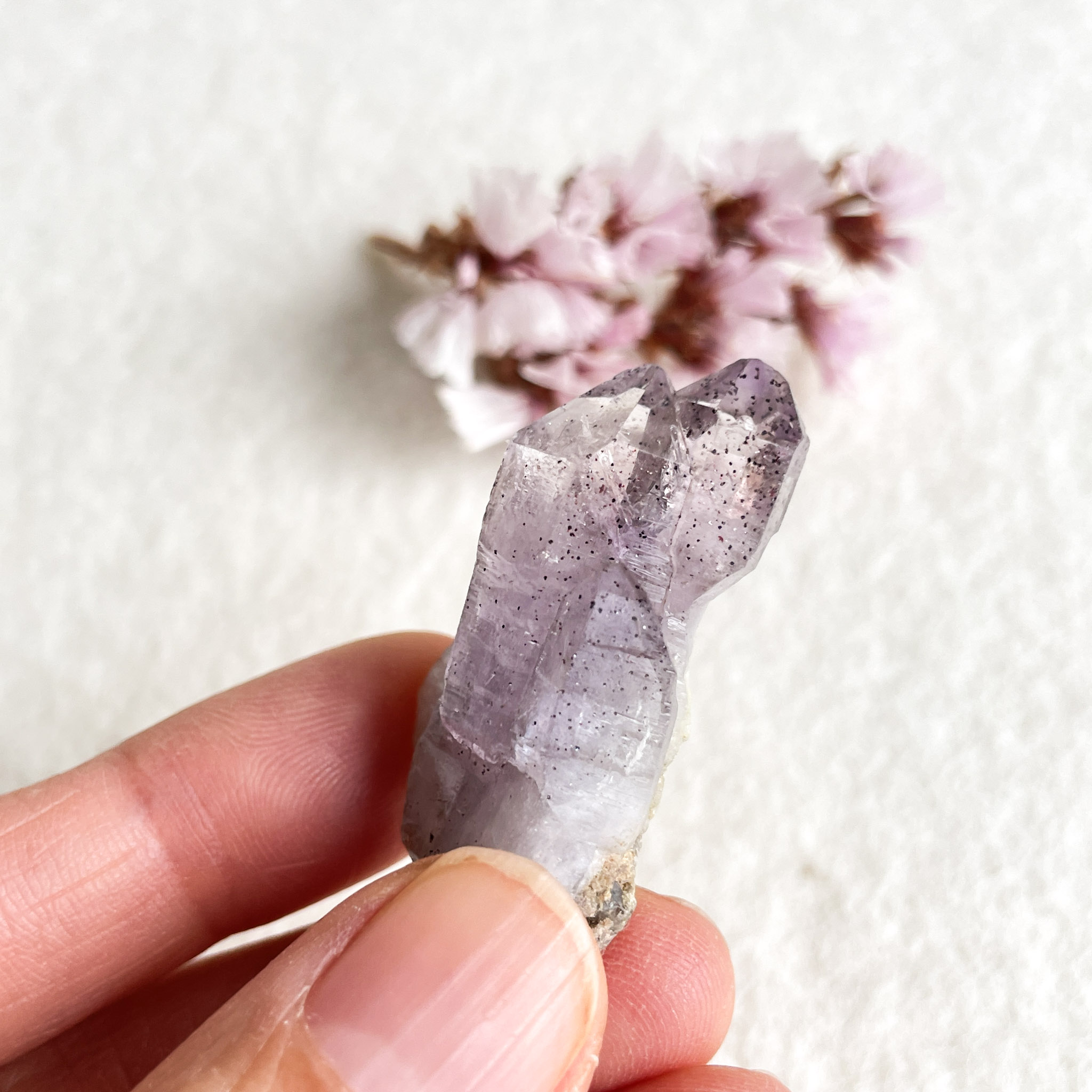 A close-up of a hand holding a translucent, purple-tinted crystal with a blurred background of dried pink flowers.
