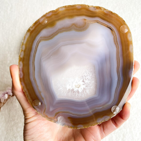 A hand holding a large polished agate slice with concentric bands in shades of brown and gray surrounding a translucent quartz center.