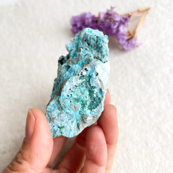 A person holds a turquoise and green colored mineral rock in front of a blurred background with purple flowers.