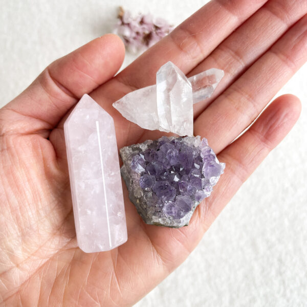 A hand holding three different types of crystals: a rose quartz tower, a clear quartz cluster, and an amethyst geode, with small pastel flower blossoms in the background.