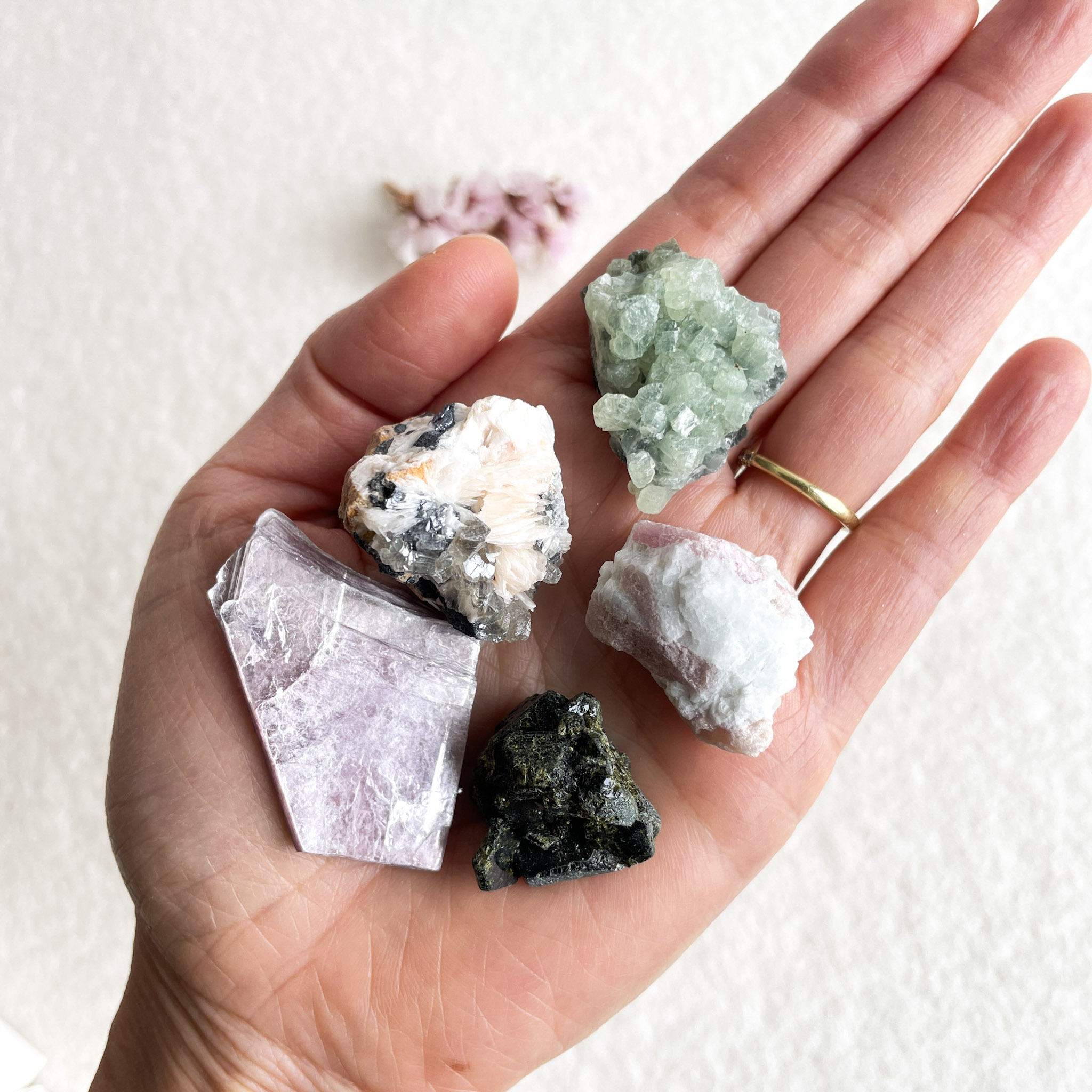 A person's open palm holding a collection of various mineral stones of different textures and colors against a lightly textured white background.
