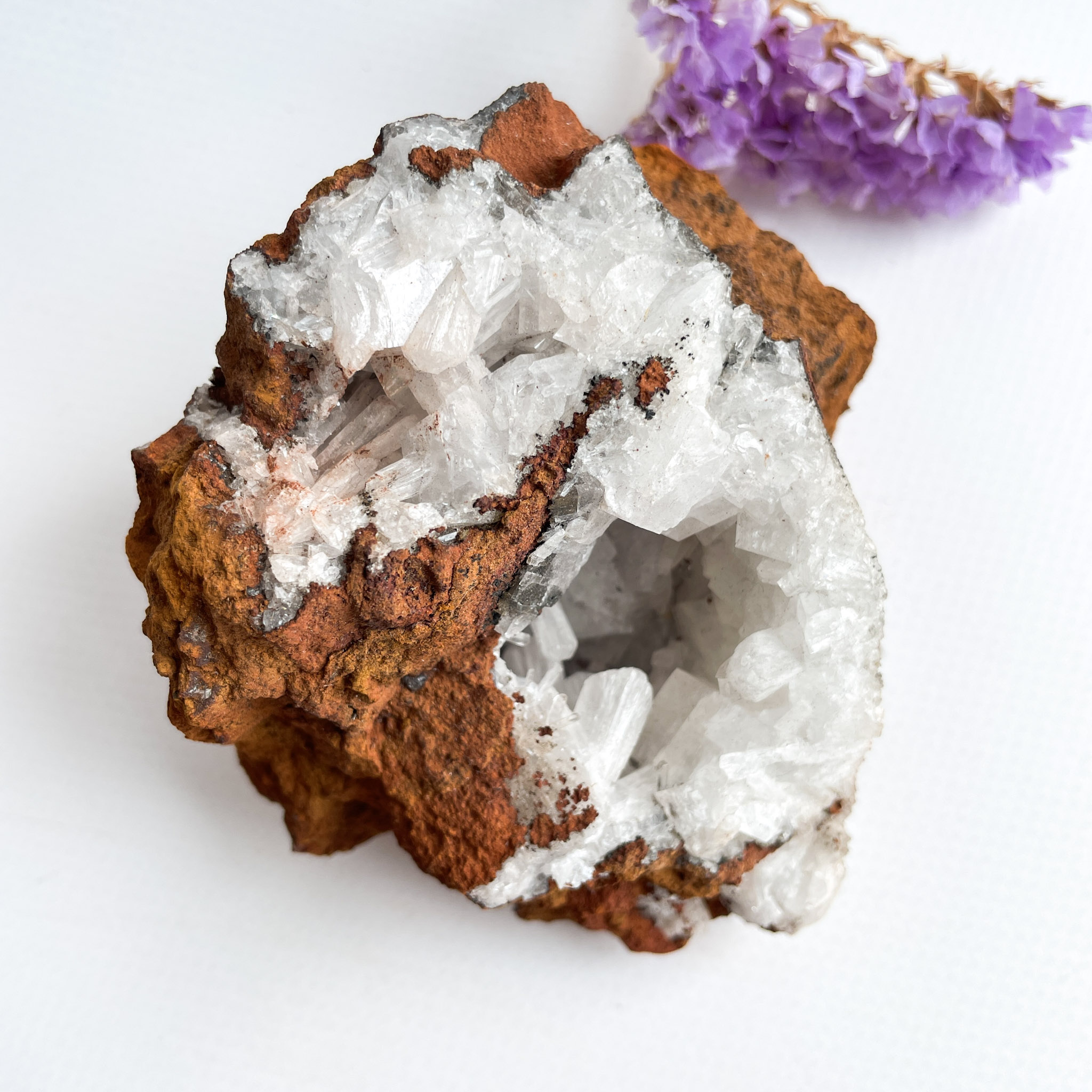 A geode with clear quartz crystals inside, surrounded by its rough brown exterior, placed on a white surface next to a small purple dried flower.