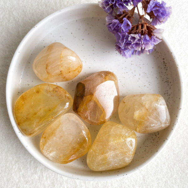 A white ceramic bowl containing several polished citrine gemstones rests on a textured surface, alongside a small cluster of dried purple flowers.
