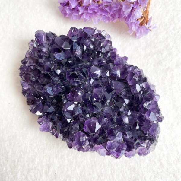 A close-up image of a large amethyst geode with deep purple crystalline structures on a white background, with a blurred purple flower in the upper right corner.