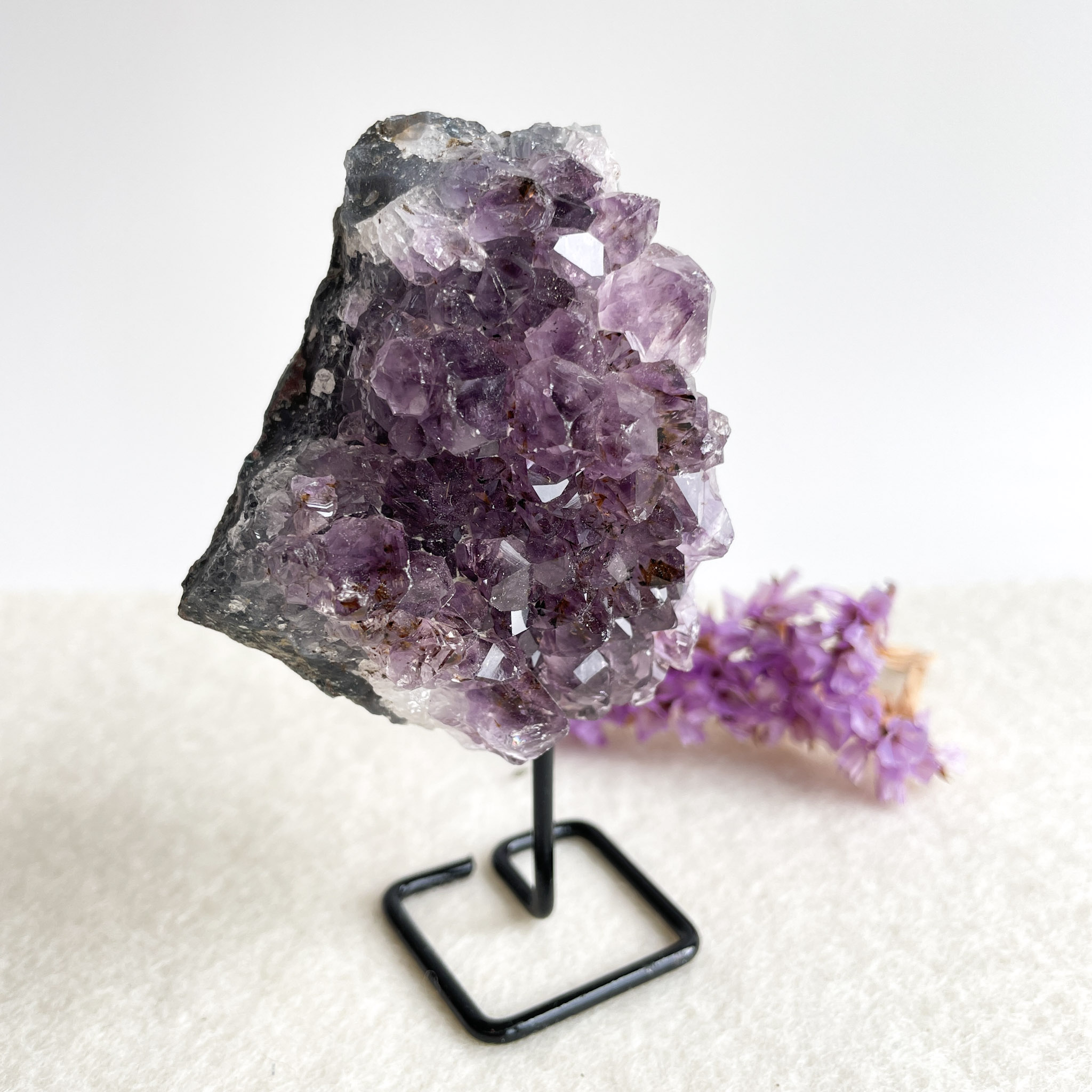 A close-up of an amethyst crystal cluster mounted on a black metal stand, with a small purple flower placed to its side, displayed against a soft white background.
