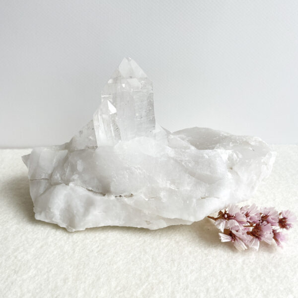 A clear quartz crystal cluster on a white textured background with a small bunch of delicate pink flowers to its side.