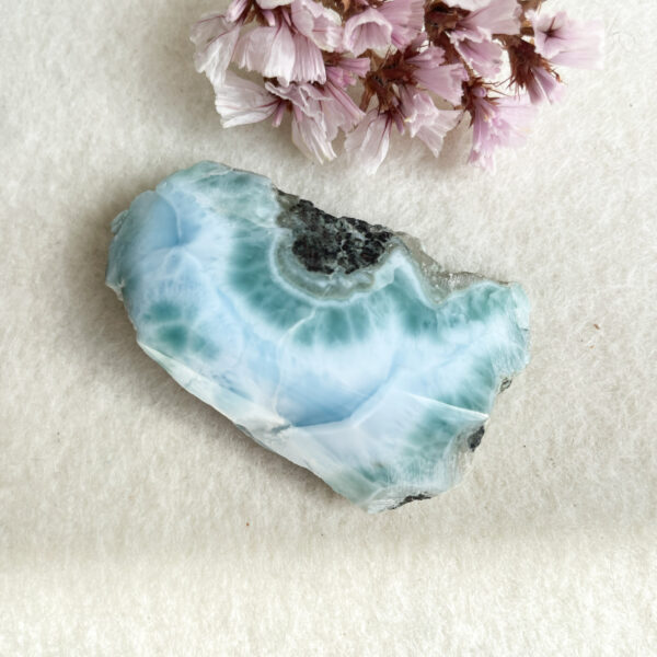 A polished slice of blue agate stone with concentric banded patterns on a white surface, accompanied by a cluster of faded pink cherry blossom flowers at the top-left corner.
