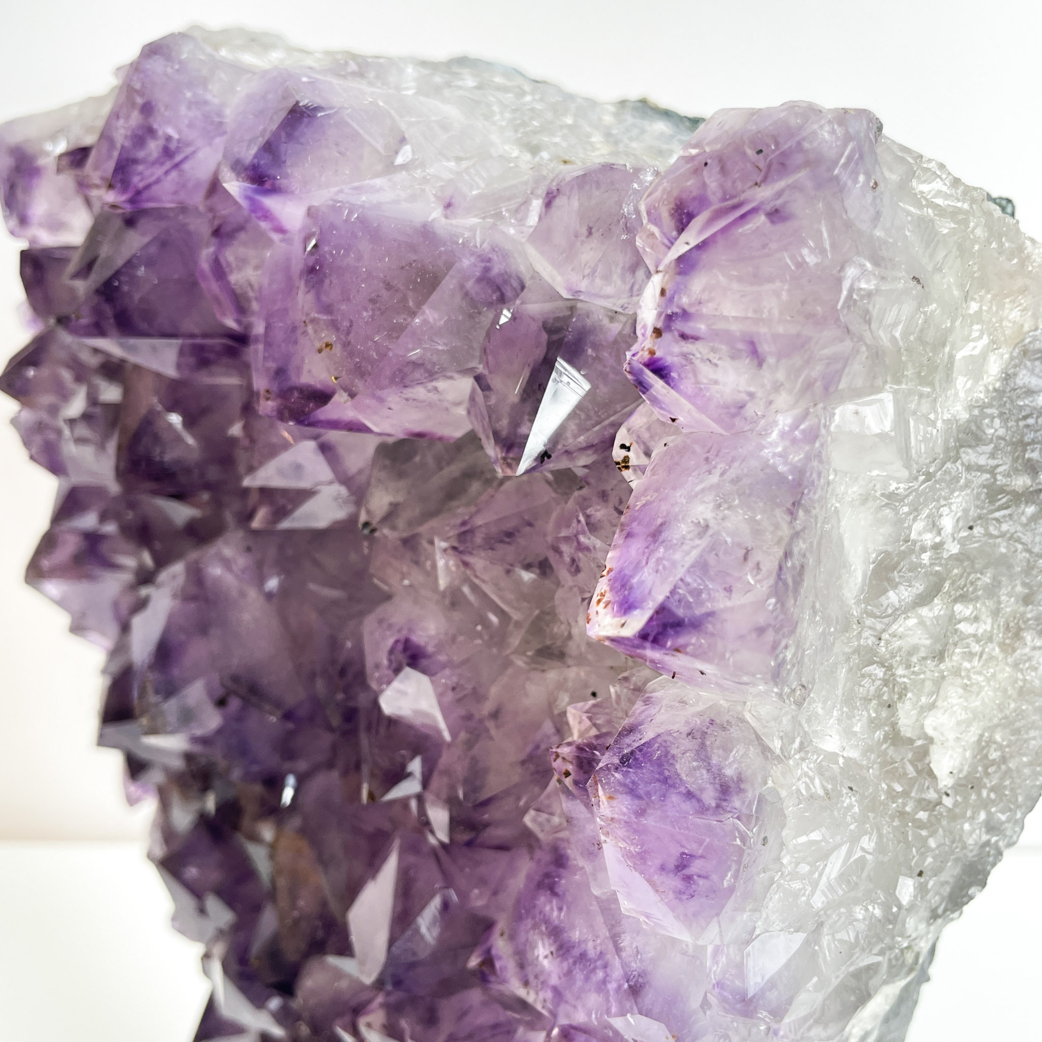 Close-up of an amethyst crystal cluster with well-defined purple crystals against a white background.