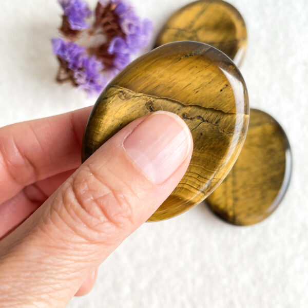 A person's hand holding a polished, oval-shaped tiger's eye stone with several similar stones and some small purple flowers in the background.