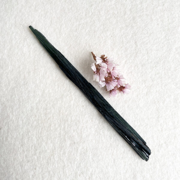 A single vanilla pod lies diagonally across a textured white surface with a small cluster of pink cherry blossom flowers at one end.