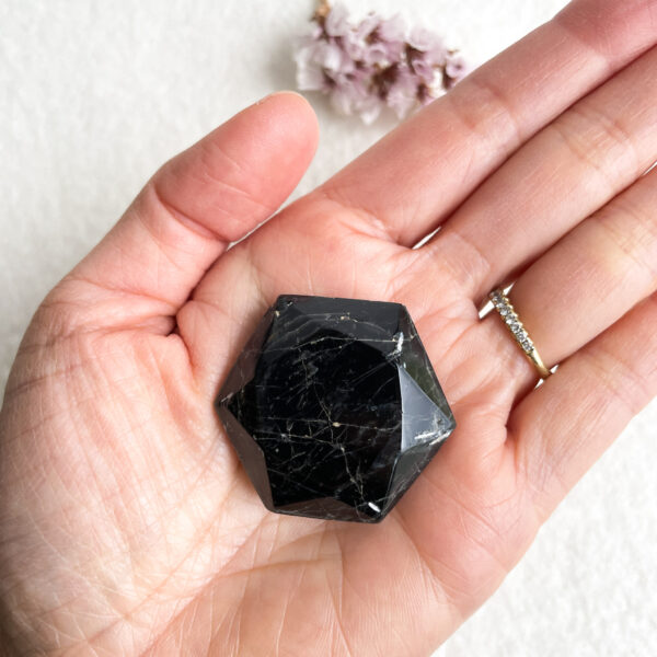 A hand holding a large faceted black gemstone with visible white inclusions, with a gold ring adorned with small diamonds on the ring finger, against a white background with delicate purple flowers partially visible in the corner.