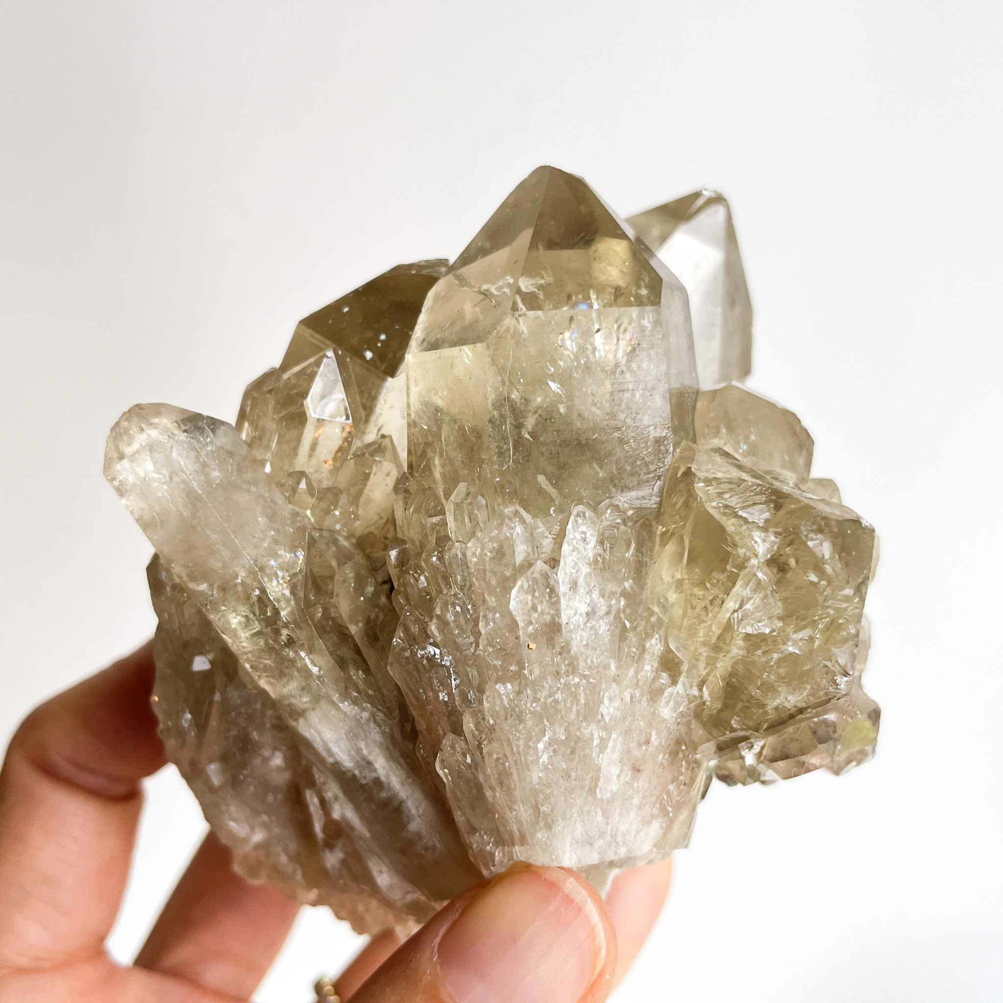 A person holding a large, translucent quartz crystal cluster with multiple intergrown pointed crystals against a light background.