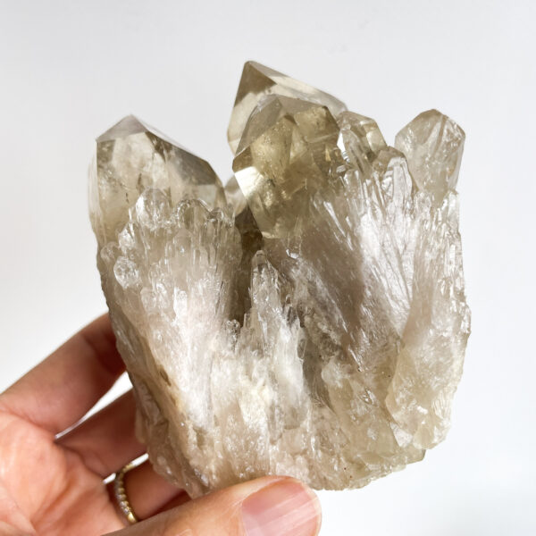 A hand holding a cluster of quartz crystals, showcasing varying levels of transparency and a white to light brown color palette, against a white background.