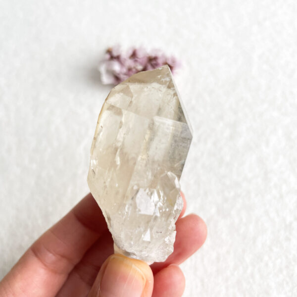A person holds a translucent crystal with natural facets in front of a white textured background with a small purple flower blurred in the distance.