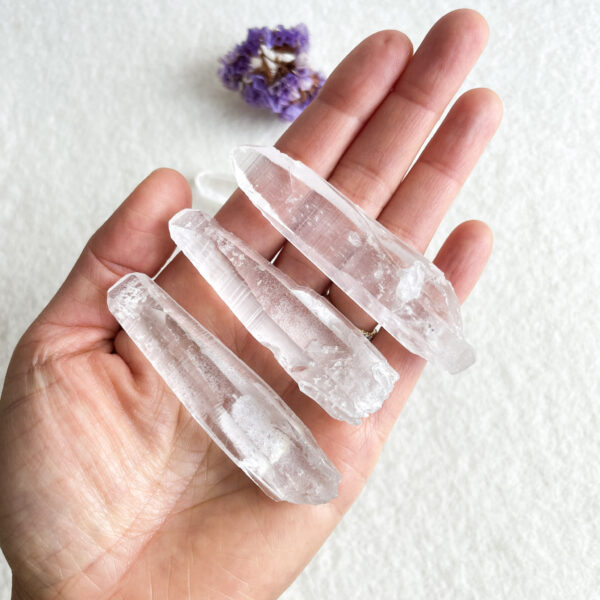 A person's open hand displaying three clear quartz crystal points against a white background with a blurred purple flower in the background.