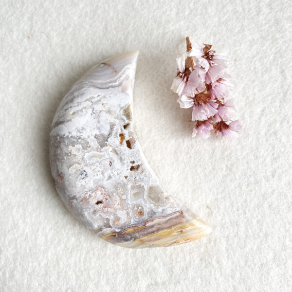 A polished agate slice with a crescent shape alongside a small cluster of pink cherry blossom flowers on a textured white background.