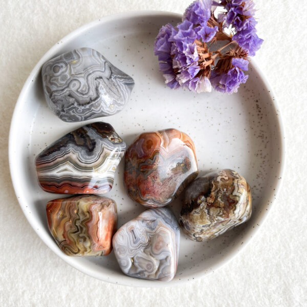 A bowl containing various polished agate stones with intricate natural patterns, alongside a small bunch of dried purple flowers.