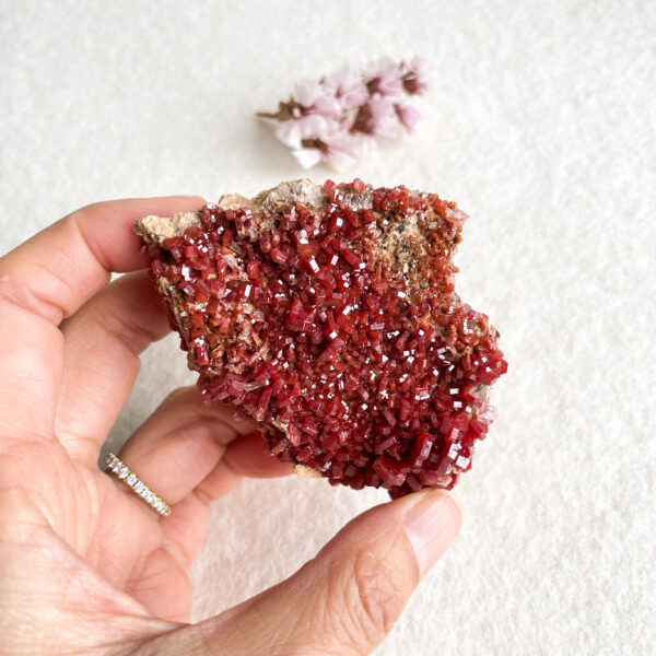 A hand with a diamond ring holds a piece of red crystal mineral against a textured white background with a blurred small pink flower in the background.